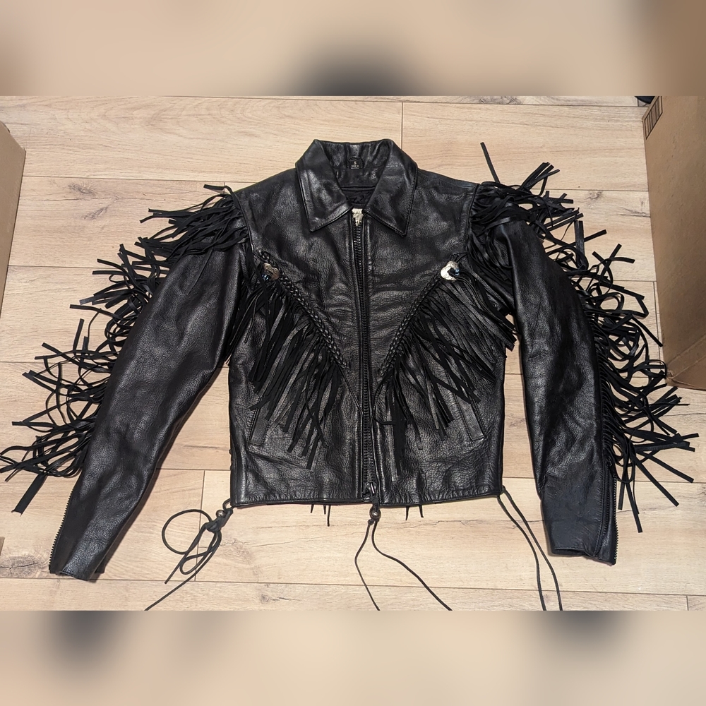 Wilsons Open Road Vintage Women's Leather Fringe Jacket size S Black